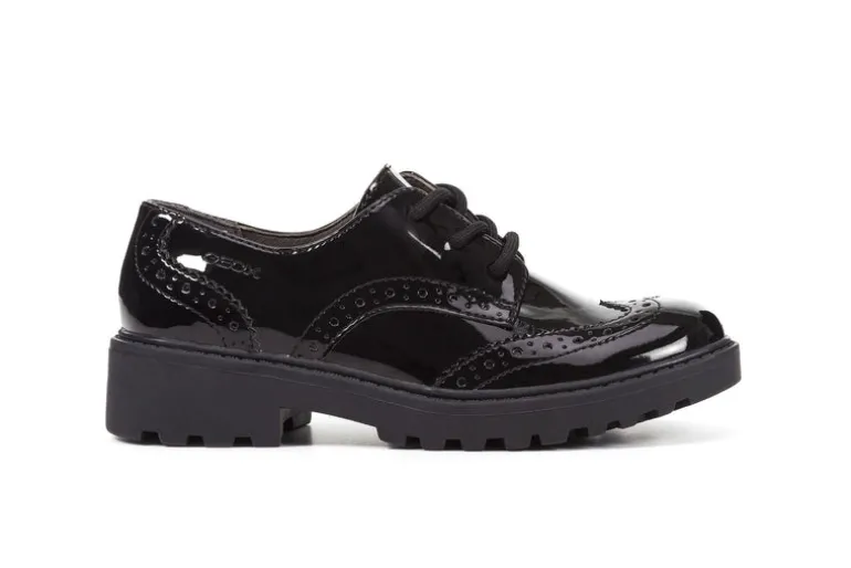 Geox School Shoes | Casey Brogue Lace-Up | Patent Black