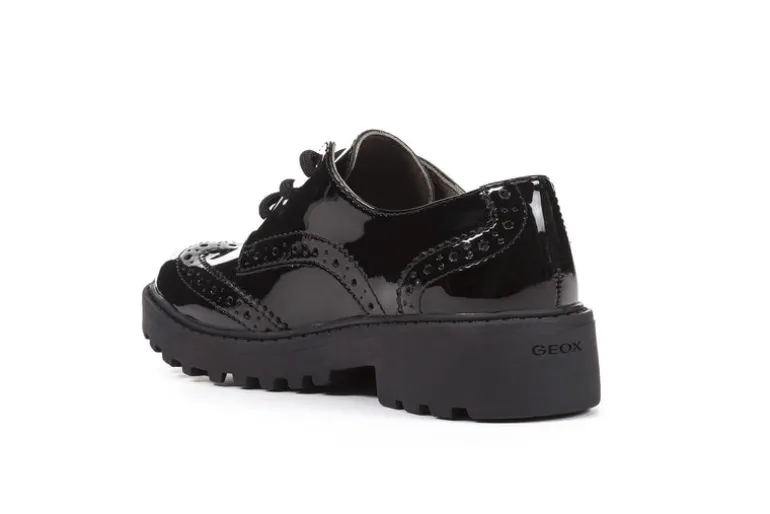 Geox School Shoes | Casey Brogue Lace-Up | Patent Black