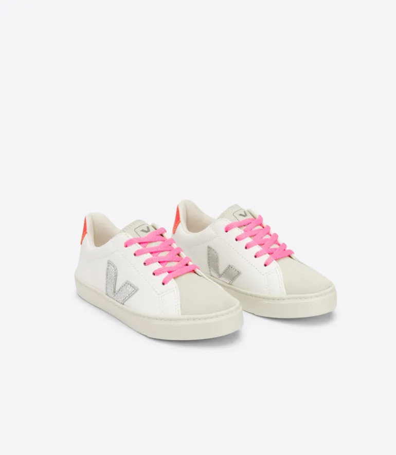 Veja Kids Trainers | Esplar Lace | Extra White, Silver & Orange Fluro